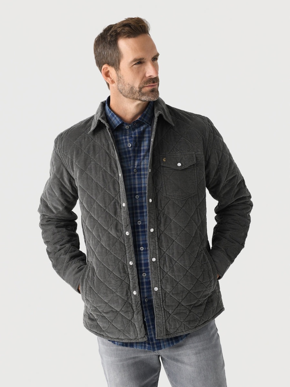 Criquet Corduroy Quilted Shacket Men Large Shirt Jacket Pearl Snap Asphalt Gray